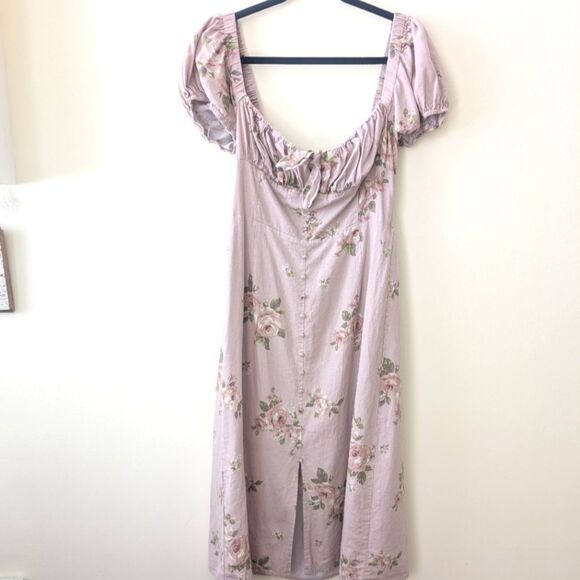 Altar’d State Alexis Floral Linen Midi Dress Mocha White Size Large Romantic - Picture 3 of 9